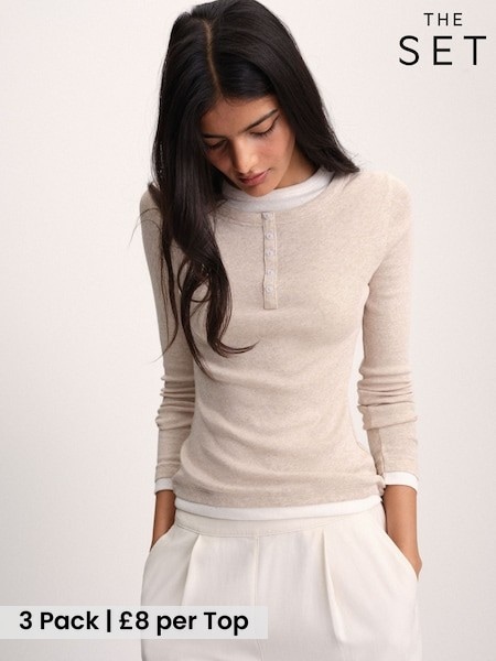 Dark Navy/Brown/Oat - The Set 3 Pack Mock Layer Semi Sheer Henley Long Sleeve Tops