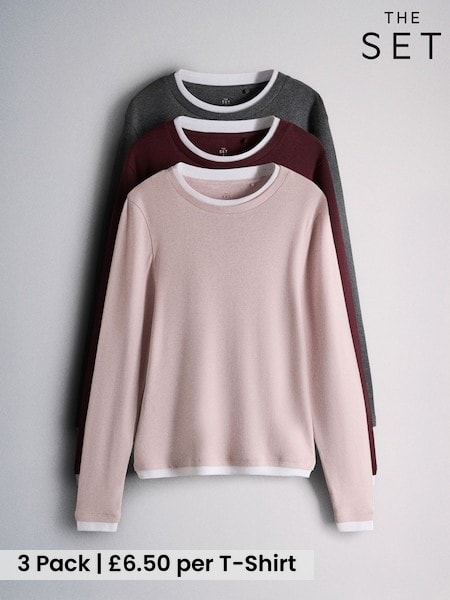 Grey Marl/Pink/Burgundy - The Set 3 Pack Mock Layer Semi Sheer Soft Touch T-shirts