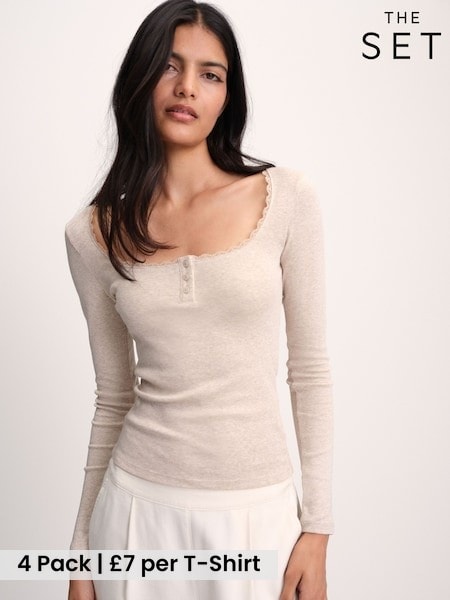 Brown/Oat Marl/Neutral/White - The Set 4 Pack Lace Henley Long Sleeve T-shirts