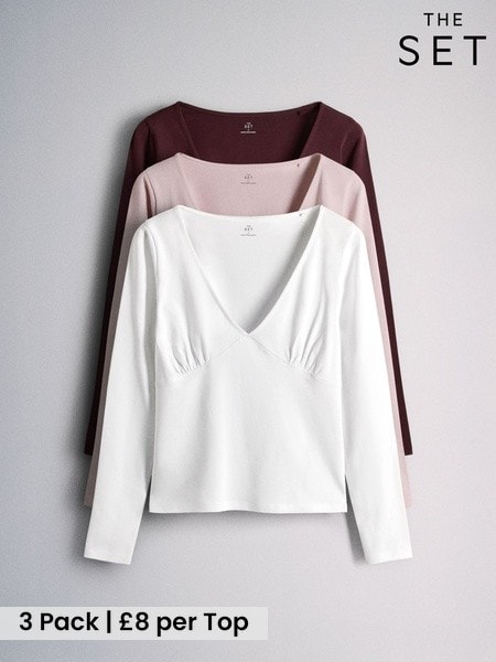 Burgundy Red/Pink/White - The Set 3 Pack V-neck Gathered Long Sleeve Tops
