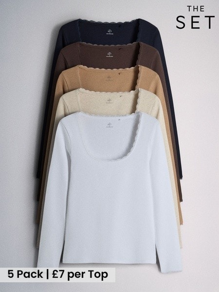 Navy/Brown/Tan/White/Oat Marl - The Set 5 Pack Long Sleeve Ribbed Lace Scoop Tops