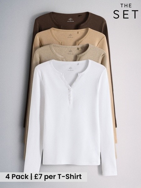 Brown/Neutral/Oat Marl/White - The Set 4 Pack Long Sleeve Button Henley T-shirts