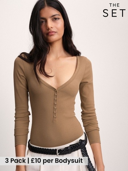 Oat Marl/Brown/Cinnamon - The Set Ribbed Button Henley Bodysuits 3 Pack