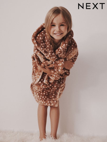 Neutral Deer Print - Fleece Dressing Gown (9mths-16yrs)