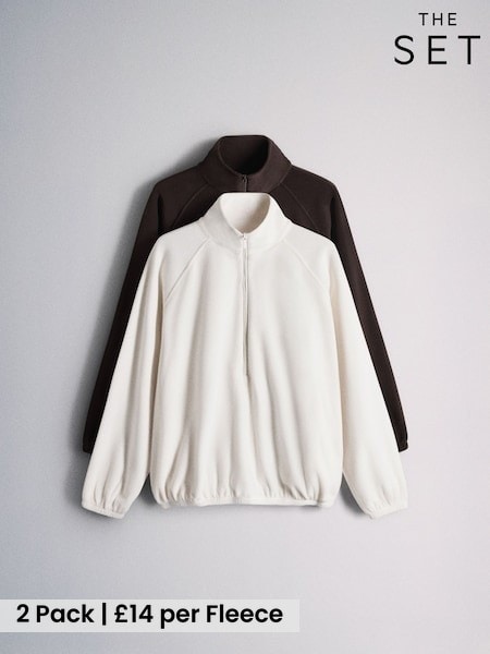 Brown/Cream - The Set 2 Pack Funnel Neck Micro Fleece Zip Jumpers