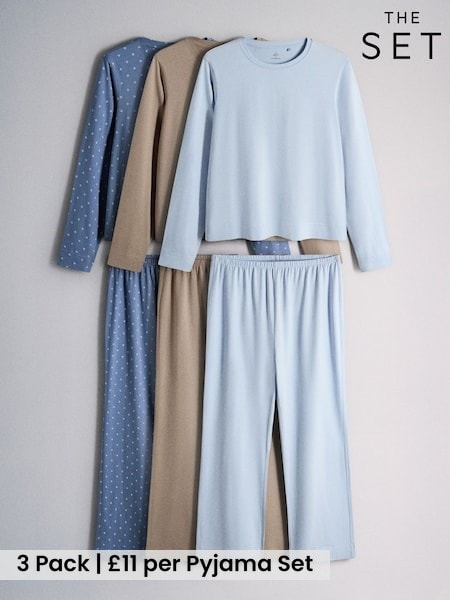 Blue/Light Taupe/Blue Star Print - The Set 3 Pack Long Sleeve Cotton Pyjamas