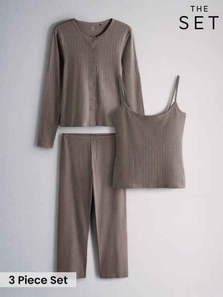 Taupe - The Set 3 Piece Pointelle Button Through Trousers Pyjamas Set