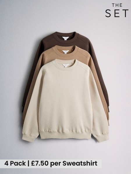 Cream/Brown/Chocolate - The Set 3 Pack Saddle Sleeve Crew Neck Sweatshirts