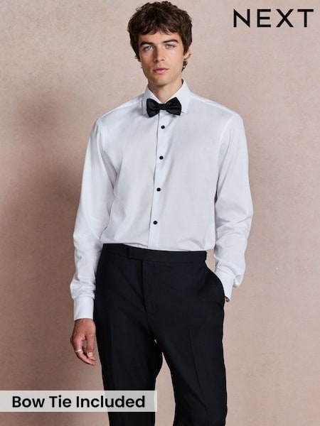 White - Regular Fit Occasion Cotton Rich Textured Shirt And Black Satin Bow Tie Set