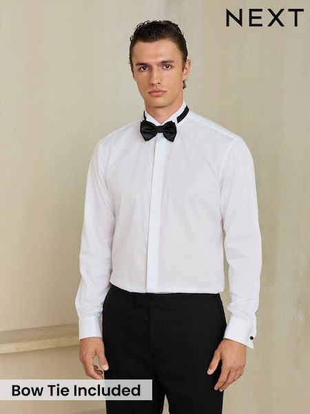 White - Regular Fit Occasion Cotton Rich Twill Double Cuff Shirt And Satin Bow Tie Set