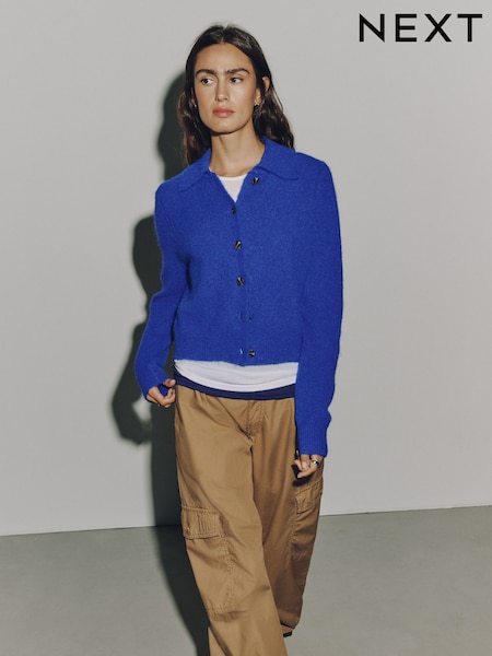 Cobalt Blue - Knitted Collar Cardigan With Wool