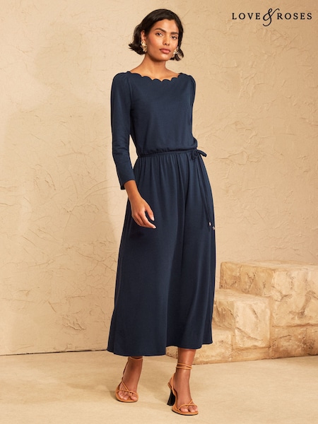 Navy Blue - Love & Roses Boat Neck 3/4 Sleeve Midi Dress