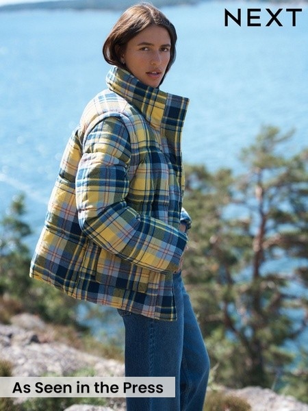 Yellow/Blue Check - Short Puffer Jacket With Removable Sleeves