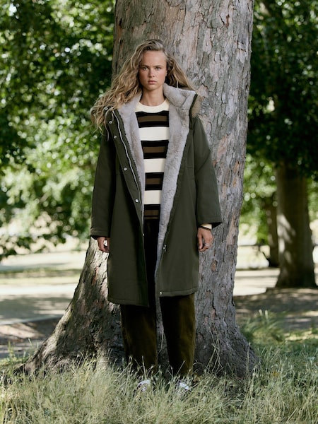 Khaki Green - Shower-resistant Longline Padded Parka Coat With Faux-fur Hood