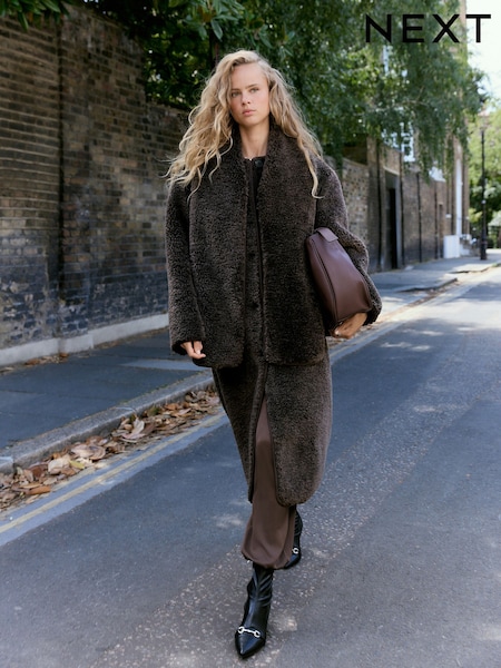 Chocolate Brown - Faux-fur Longline Coat With Scarf