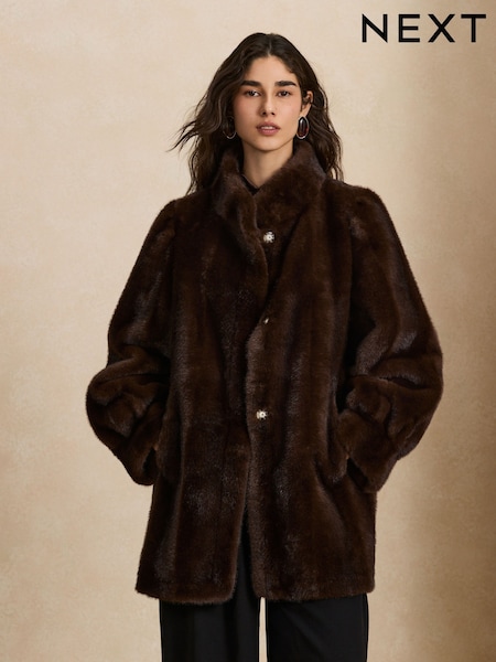 Chocolate Brown - Faux Fur Balloon Sleeve Coat