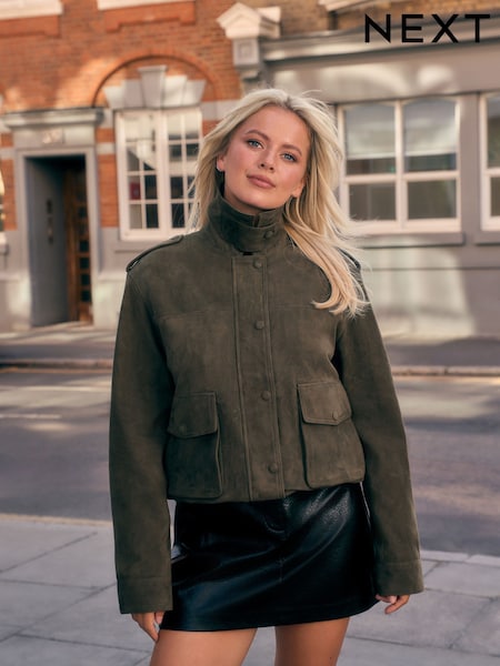 Khaki Green - Suede Collared Bomber Jacket