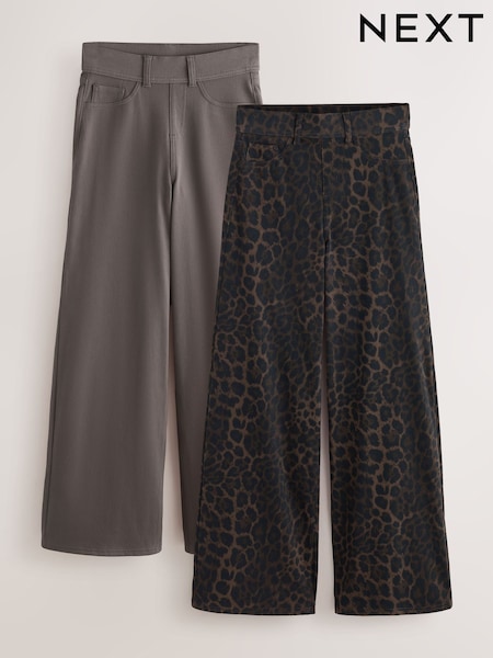 Leopard/Mocha - Jersey Denim Wide Leg Trousers 2 Pack