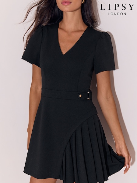 Black - Lipsy V-neck Short Sleeve Buckle Pleated Skirt Mini Dress