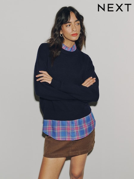 Navy with Blue Check - Supersoft Crew Neck Jumper With Shirt Layer