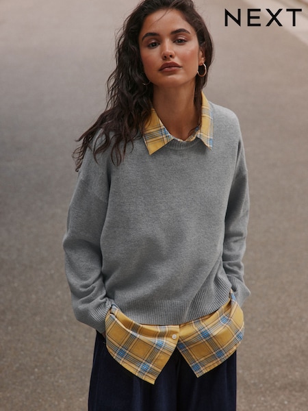 Grey/Yellow Check - Supersoft Crew Neck Jumper With Shirt Layer