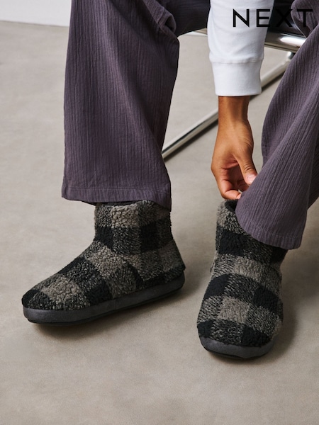 Black/Grey - Regular Borg Boot Slippers