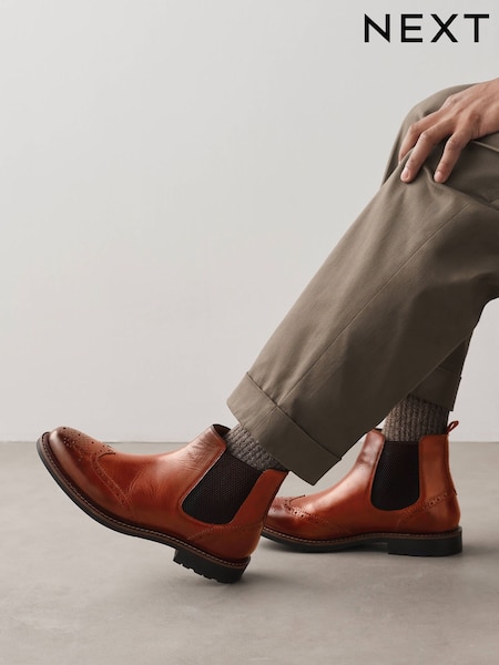 Tan Brown - Regular Brogue Leather Chelsea Boots