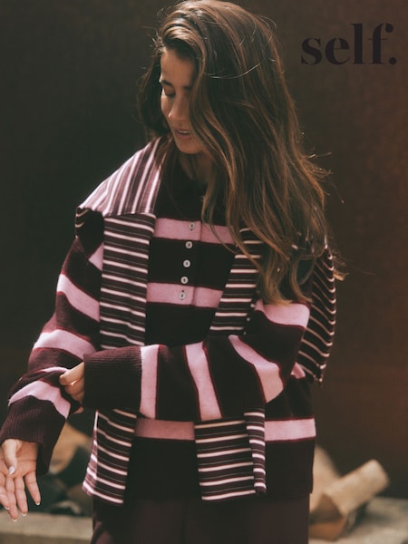 Berry Red Stripe - Self. Knitted Wool Blend Rugby Jumper