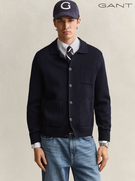 Blue - Regular Gant Knit Zip Through Collared Jacket