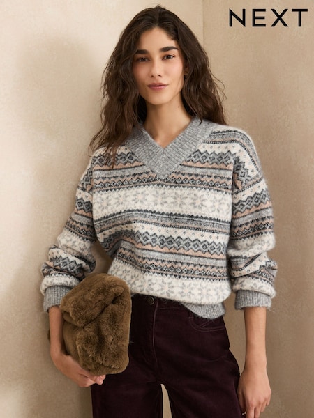 Grey Fairisle - Long Sleeve High V-neck Fuzzy Knit Jumper With Wool