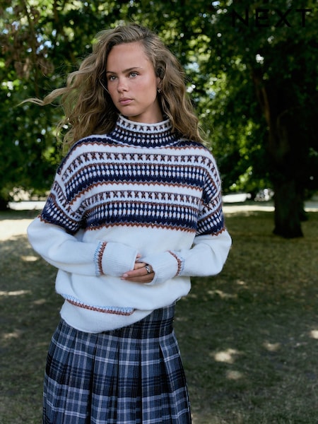 Ecru/Navy Fairisle - Long Sleeve Standneck Knit Jumper With Wool