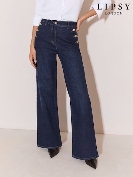 Dark Wash - Lipsy High Waist Sailor Buttons Wide Leg Jeans