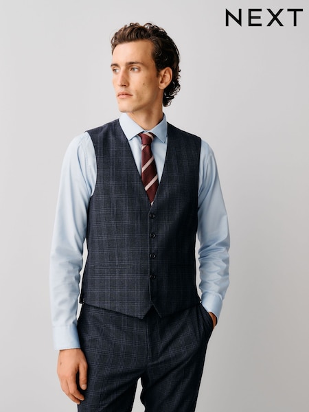 Navy - Regular Slim Fit Check Suit Waistcoat