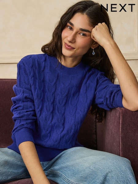 Cobalt Blue - Knit Look Cable Crew Neck Jumper