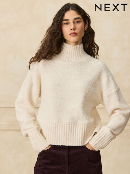 Ecru - Cosy Boucle Funnel Neck Jumper