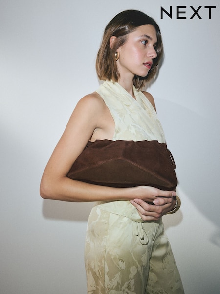 Chocolate Brown - Suede Ruched Clutch Bag