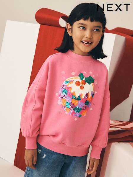 Pink Christmas Pudding Sequin - Sweatshirt (3-16yrs)