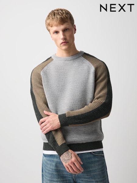 Charcoal Grey - Regular Contrast Sleeve Crew Neck Rib Jumper
