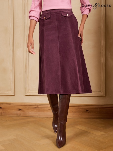 Burgundy Red - Love & Roses Cord Full Circle Midi Skirt