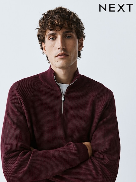 Burgundy Red - Regular Regular Fit Textured Quarter Zip Jumper