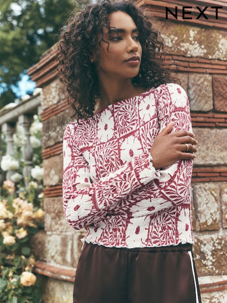 Pink - National Trust X Next Shirred Mesh Long Sleeve Button Through Top