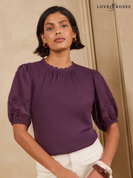 Berry Red - Love & Roses Broderie Puff Sleeve Crew Neck T-shirt
