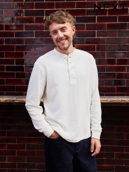 Ecru White - Regular Long Sleeve Waffle Henley T-shirt