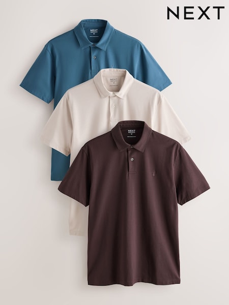 Neutral Marl/Chocolate/Teal - Plain Motionflex Short Sleeve Jersey Polo Shirts 3 Pack