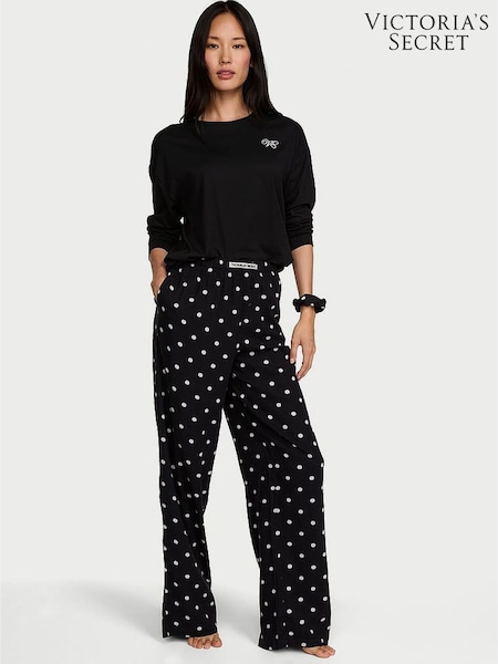 Black Polka Dot - Victoria's Secret Long Sleeve Flannel Pyjamas & Scrunchie Set