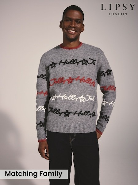 Grey - Regular Lipsy Matching Family Script Christmas Jumper