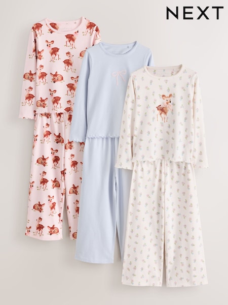 Blue/Pink Deer - Wide Long Leg Pyjamas 3 Pack (3-16yrs)