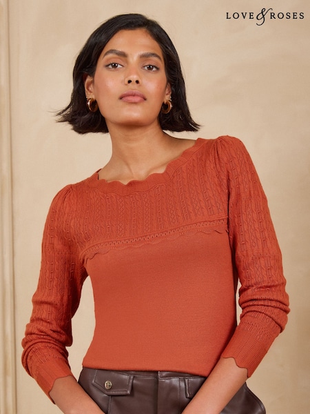 Orange - Love & Roses Scalloped Slash Neck Long Sleeve Knitted Top