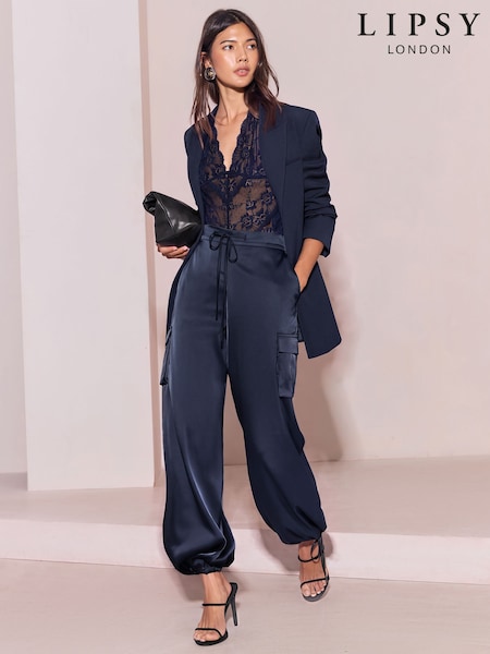 Navy Blue - Lipsy Satin Tie Waist Drawstring Adjustable Hem Cargo Trousers
