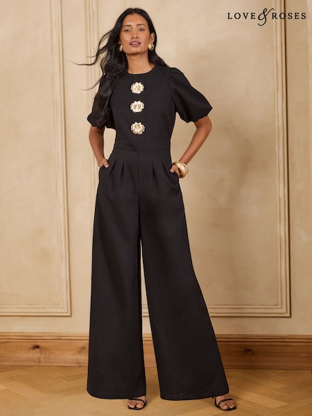 Black - Love & Roses Tailored Gold Floral Button Puff Sleeve Jumpsuit